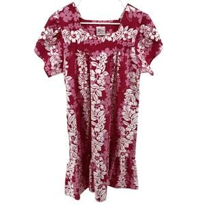 Vintage Kalena Fashions of Hawaii Midi Mumu Dress Pocket Hibiscus Floral Pink M